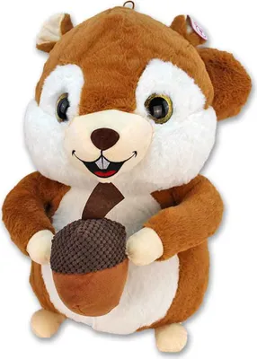 A plush toy squirrel holding an acorn.