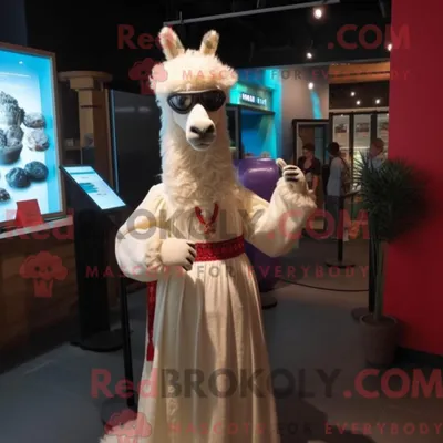 Produktbild von Cremefarbenes REDBROKOLY Lama-Maskottchenkostüm mit Wickelkleid und Brille