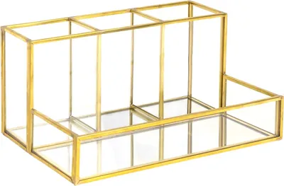 Produktbild von Intirilife Make Up Organizer aus Glas für Kosmetik mit Gold Rand und Spiegelboden - 20.1 x 14.2 x 10.3 cm - 4 Fächer Schmink Aufbewahrungsbox für Schminktisch Ablage für Pinsel Lippenstifte