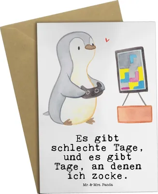 Produktbild von Mr. & Mrs. Panda Beileidskarte Pinguin Zocken - Weiß - Geschenk, Gaming, vatertagskarte, weihnachtskarten, Videogames, Videospiele, einladungskarten, osterkarten