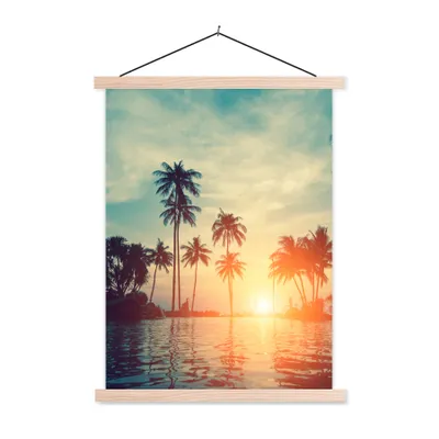 Produktbild von MuchoWow® Textilposter Meer - Sonnenuntergang - Palme - Wolken 60x80 cm mit holzfarbenen Rahmen - Wandbild