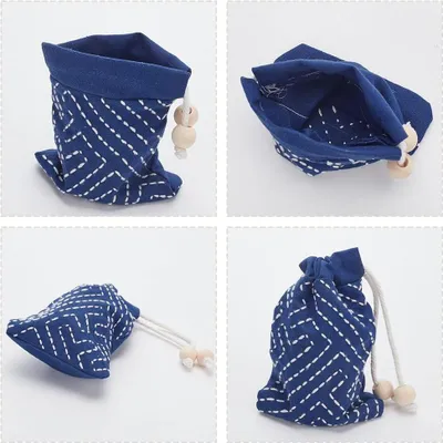 Produktbild von Sashiko Trekkoord Tasche Stickset für Anfänger - Komplettes Set mit Sashiko Mütze, Faden und Nadeln