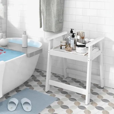 Zdjęcie produktu dla COSTWAY 58x52x61,5 cm wodoodporny stołek prysznicowy HDPE, ławka łazienkowa Stołek łazienkowy z półką i podwójnymi uchwytami, ławka prysznicowa z obciążeniem do 150 kg, biały
