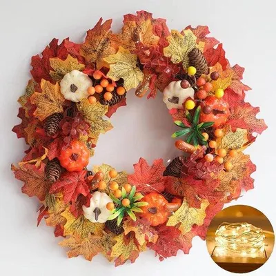 Produktbild von Famanu Herbstkranz für die Haustür - mit Kürbissen, Ahornblättern und Beeren (45 cm)