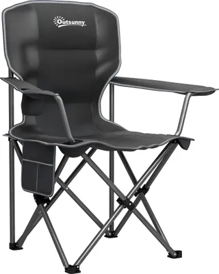 Image de Outsunny Chaise pliante camping, chaise de pêche portable, siège rembourré, porte-gobelets, poches latérales et sac de transport, fauteuil pliant pour randonnée, pêche, plage et pique-nique, noir