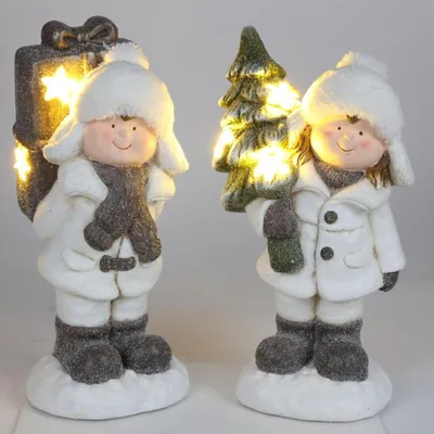 Produktbild von Weihnachts-Dekofigur Mädchen Junge Keramik LED 43cm batteriebetrieben Weihnachtsbeleuchtung Innen Weihnachten