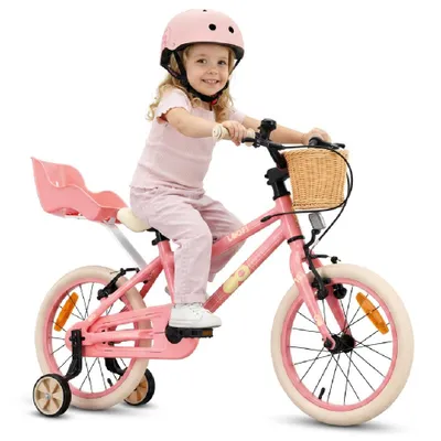 Obrázok produktu pre SUN BABY LOOFI Detský bicykel 16 palcov, ľahký hliníkový bicykel s hmotnosťou 6,9 kg pre deti od 4 rokov, s pomocnými kolieskami, košíkom, zvončekom a sedadlom pre bábiku, pre dievčatá