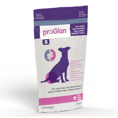 A product package for dog chews, featuring a silhouette of a dog and digestive system graphics.