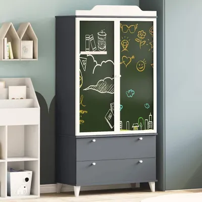 Produktbild von vidaXL Kreidetafel Kleiderschrank ROROS Grau und Weiß 90 x 45 x 180 cm
