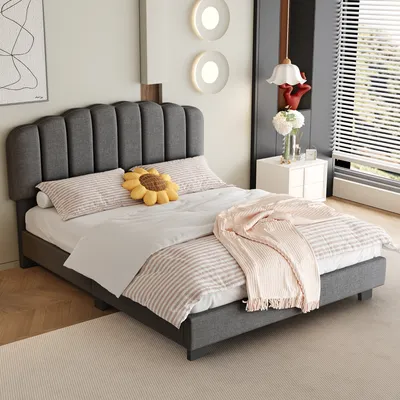 Obrázek produktu pro MODFU Čalouněná postel 140 x 200 cm s lamelovým roštem, Manželská postel, Jugendbett s nastavitelným čelem, Klasická postel Dětská postel, Lněná šedá (bez matrace)