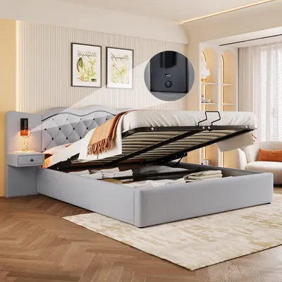 Obrázok produktu pre Čalúnená posteľ Flieks 160x200 cm s nočnými stolíkmi a osvetlením, úložná posteľ Hydraulická skriňová pružina s USB a lamelovým roštom, posteľná bielizeň pre manželskú posteľ, sivá