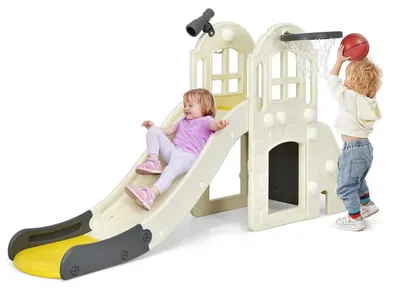 Immagine prodotto di Scivolo per bambini - Set da gioco 6 in 1 - Scivolo, scaletta, canestro da basket, gioco degli anelli, telescopio, tunnel - Giallo