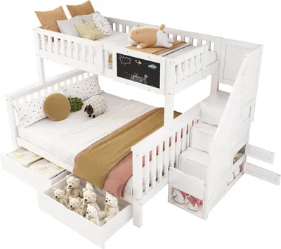 Produktbild von Kinder-Etagenbett,Doppelbett(weiß)multifunktionales Kinderbett(90*200+140*200cm)mit Tafel und Schubladen, ohne Matratze, weiß+helle Eiche