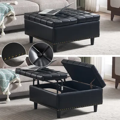 Produktbild von Sweiko Großer quadratischer Aufbewahrungsstuhl, anhebbare Bank mit Stauraum, geeignet für Wohnzimmer Schlafzimmer Arbeitszimmer gepolsterte Aufbewahrungsbox(Black PU)