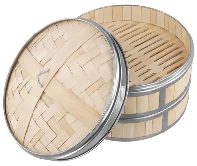 Image de Panier vapeur en bambou de 26 cm avec couvercle, avec 2 niveaux pour les pains et les raviolis