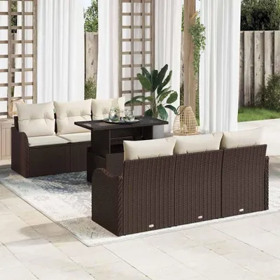 Produktbild von "Rabatt" Gartensofa-set - Balkonmöbel/Terrassenmöbel - mit Kissen - 7 pcs - Braun und Creme Poly-Rattan - Lounge-Dining set CC12668