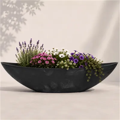 Produktbild von Große Pflanzschale oval 66 cm für draussen Dekoschale schwarz, KI-generiertes Bild