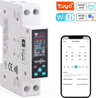 Obrázek produktu pro tongou Tuya Wifi 35 mm vypínač na DIN lištu, chytrý elektroměr, jistič, LED elektroměr, KWh energie, časové relé, APP ovládání s funkcí měření a předplacení, kompatibilní s Alexou a Google Assistant pro hlasové ovládání