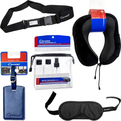 Produktbild von Reiseset mit Nackenkissen, Flaschen, Gepäckanhänger, Gurt, Maske