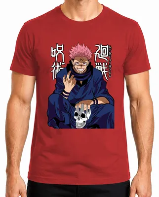Imagen del producto de Camiseta para hombre, estilo anime, con el personaje Sukuna de Jujutsu Kaisen, diseño de calavera de demonio, con un ambiente oscuro y espeluznante, color rojo, talla XXL