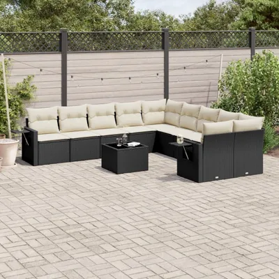 Produktbild von Design 11-tlg. Garten-Sofagarnitur mit Kissen Schwarz Poly Rattan, Gartenmöbel-Sets 2024 Neu