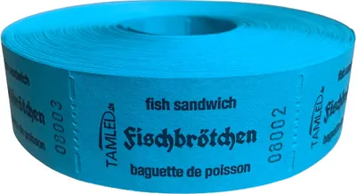 Produktbild von Bonrolle Fischbrötchen blau dreisprachig 1000 perforierte Abrisse