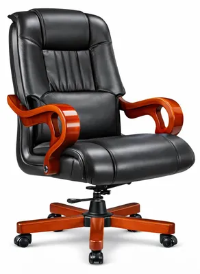 Immagine prodotto di Elegante poltrona da ufficio in pelle nera con braccioli in legno e base girevole