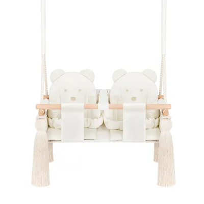 Produktbild von Zwillings-Schaukel Guguplanet Beige : Innenbereich, Holzrahmen, Samtstrick-Sitz, Sicherheitsgurte, Baumwollseil, Deckenhaken inklusive