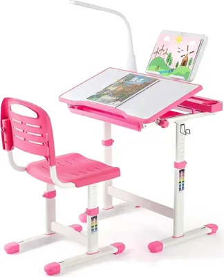 Immagine prodotto di Scrivania e sedia per bambini - Set - Altezza regolabile - Lampada LED - Cassetto - Leggio - Ergonomico - 74,5 x 66,5 x 49,5 cm - Rosa