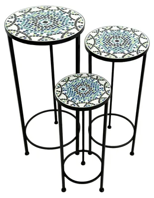 Produktbild von AXI Lola Mosaik Pflanzentisch rund Mehrfarbig  Set 3 Stück | Pflanztisch aus Metall mit eingelegten keramischen Mosaikfliesen | Gartentisch für