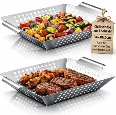 Produktbild von 2x Grillschale Edelstahl 34x30x6 cm – Grillkorb für Gemüse & Fleisch – BBQ Grillzubehör für Gas-, Holzkohle- und Elektrogrills
