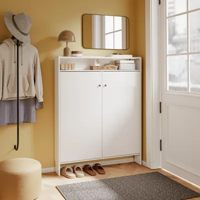 Image de SoBuy Armoire à Chaussures Blanche 2 Portes 3 Étagères Rangement d'Entrée avec Crochets Armoire à chaussures à FSR227-E-W