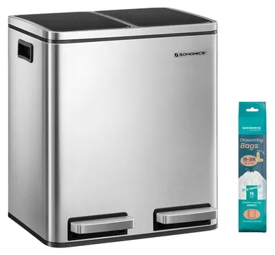 Obrázek produktu pro Kbel na odpad 30 litrů - Kontejner na odpad se dvěma oddíly - Nerezová ocel - Tichý uzávěr - Stříbrná a černá barva