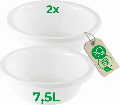 Produktbild von Novaliv 2x Spülschüssel Rund 7,5L, D36 cm, Weiß, BPA-frei & Spülmaschinenfest – Ideal für Küche und Camping, Rundschüssel, Große Plastikschüssel, Waschschüssel, Kunststoffschüssel, Teigschüssel