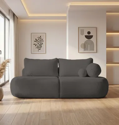 Produktbild von Schlafsofa mit Bettkasten – 3-Sitzer Sofa Couch mit Schlaffunktion – Skandinavische Polstercouch mit Rücken- und Dekokissen für Wohnzimmer – Weicher Boucle in Dunkelgrau