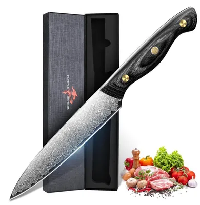 Immagine prodotto di Coltello universale da 13 cm, lama in acciaio Damasco VG10, lama a filo intero, manico in ebano