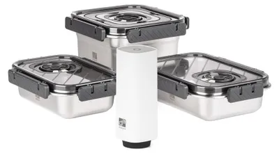 Produktbild von Set bestehend aus 4 Edelstahl-Vakuumbehältern mit Pumpe
