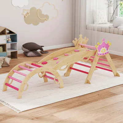 Image de Structure d'escalade 8-en-1 pour enfants en bois, motif princesse, arche d'escalade, toboggan, balançoire, bois de peuplier, rose | 80 x 42 x 38 cm | jusqu'à 50 kg | à partir de 18 mois