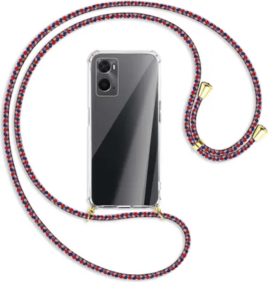 Produktbild von Handykette Backcover-Schutzhülle mit Band (Metall goldfarben) für Oppo A76 - silber/blau/rot