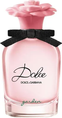 A pink perfume bottle with a flower-shaped cap and a black ribbon.