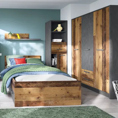 Produktbild von Jugendzimmer Komplett-Set NELSON-129 mit Bett 120x200, Kleiderschrank und Regal, in grau mit Holz