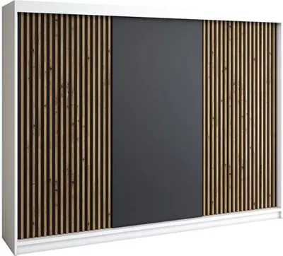 Produktbild von Schwebetürenschrank, 3-türig Schrank mit 4 Schubladen, und 3D-Lamellen Premum! Moderne Garderobe für Kleidung. Verschiedene Farben (Weiß, Schwarz, Somona) Kleiderschrank IOSA 200 cm