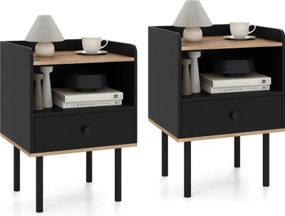 Two identical black nightstands with wood accents and metal legs are displayed side-by-side against a white background.