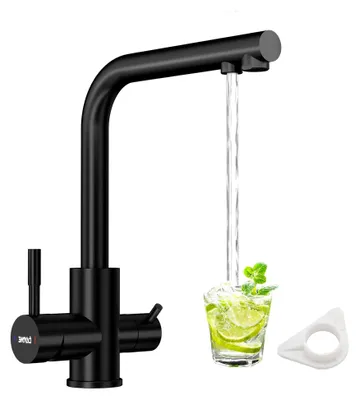 Produktbild von Schwarzer 3-Wege Wasserhahn mit Filter, Edelstahl Trinkwasserhahn, 360° drehbarer Wasserhahn mit Doppelhebel, 3-in-1 Wasserfilter Küchenarmatur