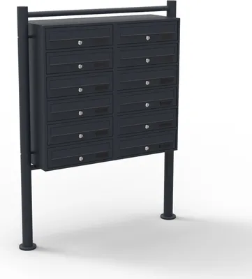 Zdjęcie produktu dla System skrzynek na listy Wiltec 12 czarny 270 x 898 x 1500 mm, wolnostojąca skrzynka na listy z 2x6 przegrodami, kluczem i tabliczką znamionową, skrzynka na listy ze stojakiem