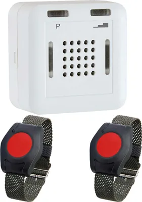 Produktbild von ELDAT Pflegeruf Set für Zwei: Hausnotruf ohne Quittierungsfunktion mit 2x wasserdichtem Notrufarmband für die häusliche Pflege; Funk Notrufsystem mit 2x Notruf Armband; Notrufknopf für Senioren