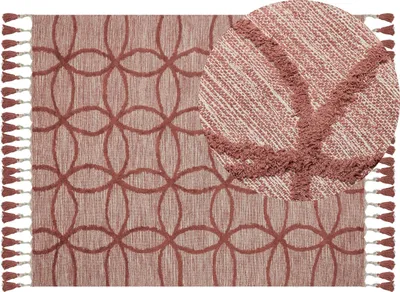 Produktbild von BELIANI Teppich Rot Baumwolle 160 x 230 cm Rechteckig Geometrisches Muster mit Fransen Boho Fußbodenheizug Geeignet Wohnzimmer Schlafzimmer Flur
