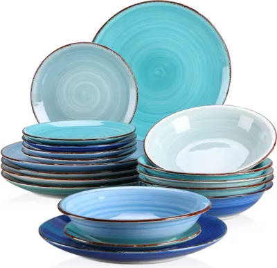 Image de Service de table en faïence, vancasso BONITA Service combiné 18 pièces, set de vaisselle pour 6 personnes, 6 assiettes plates, 6 assiettes à soupe et 6 assiettes à dessert