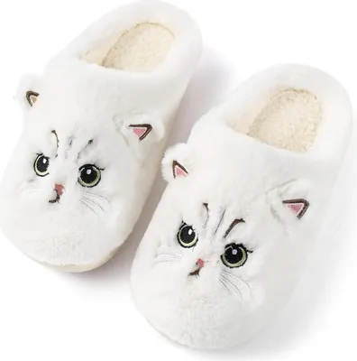 Image de ASKSA Chaussons moelleux Femmes Hommes Hiver Chat Chaussons Coton Pluesch Doux Drôles d'animaux Chaussures Cat Slippers, Blanc, Taille : 40-41