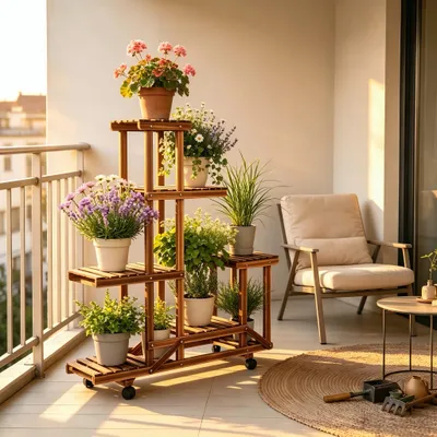 Produktbild von WISFOR Blumenregal Rollbar 95×25×102cm Blumenständer mit 6 Ebenen, Blumentreppe aus Holz, Pflanzenregal Wohzimmer Garten